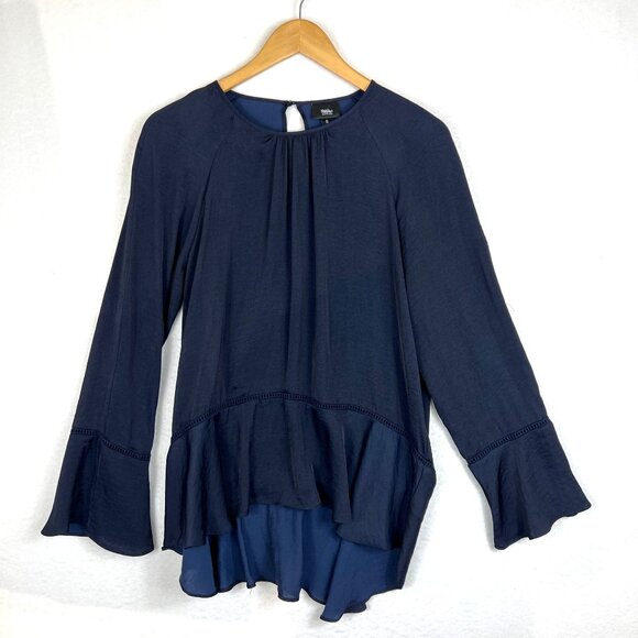 Mossimo Navy Blue Hi-Low Ruffle Hem Blouse With Long Bell Sleeves - Size S - Picture 1 of 10